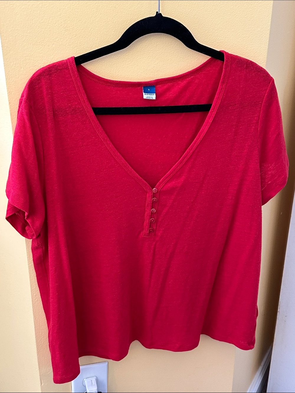 Old Navy Red Short Sleeve V-Neck Tee with Button Placket
